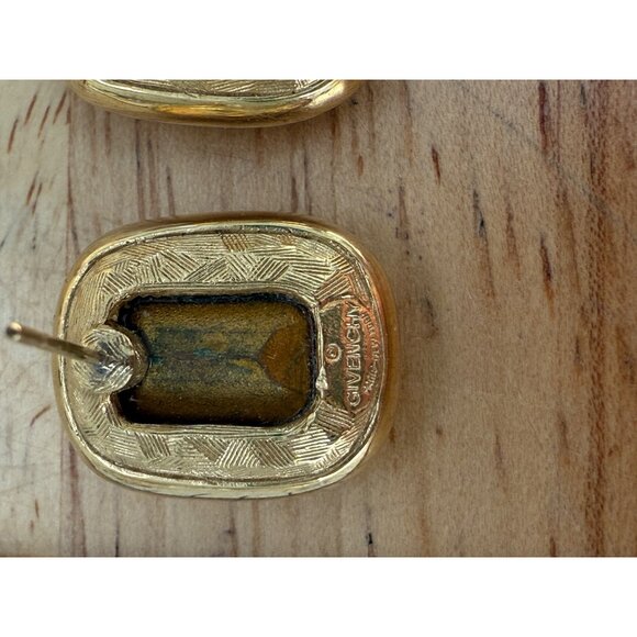 Givenchy Vintage Gold-Tone Crystal Stud Earrings Rectangular Clear Glass Rhinest - Picture 6 of 13